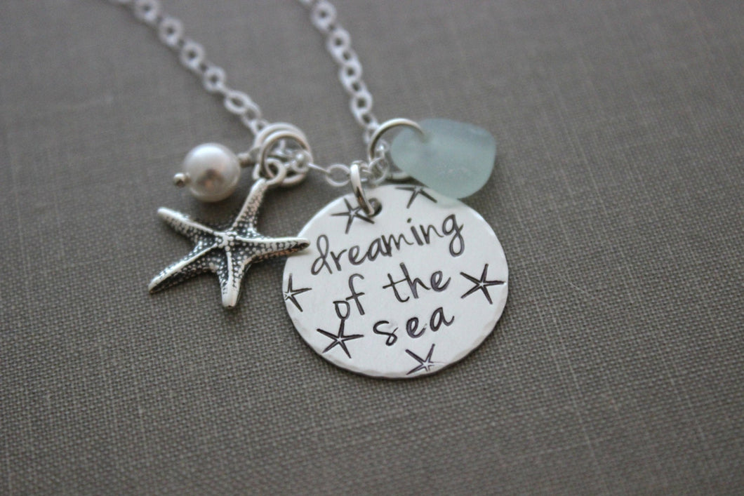 sterling silver genuine sea glass charm necklace - dreaming of the sea - personalized - starfish charm - hand stamped - beach ocean jewelry