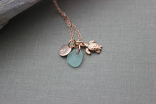 Load image into Gallery viewer, Rose Gold vermeil sea turtle necklace - Genuine Sea Glass and Initial Charm necklace - Wedding Bridesmaid Gift, Personalize Pink Gold Filled
