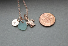 Load image into Gallery viewer, Rose Gold vermeil sea turtle necklace - Genuine Sea Glass and Initial Charm necklace - Wedding Bridesmaid Gift, Personalize Pink Gold Filled
