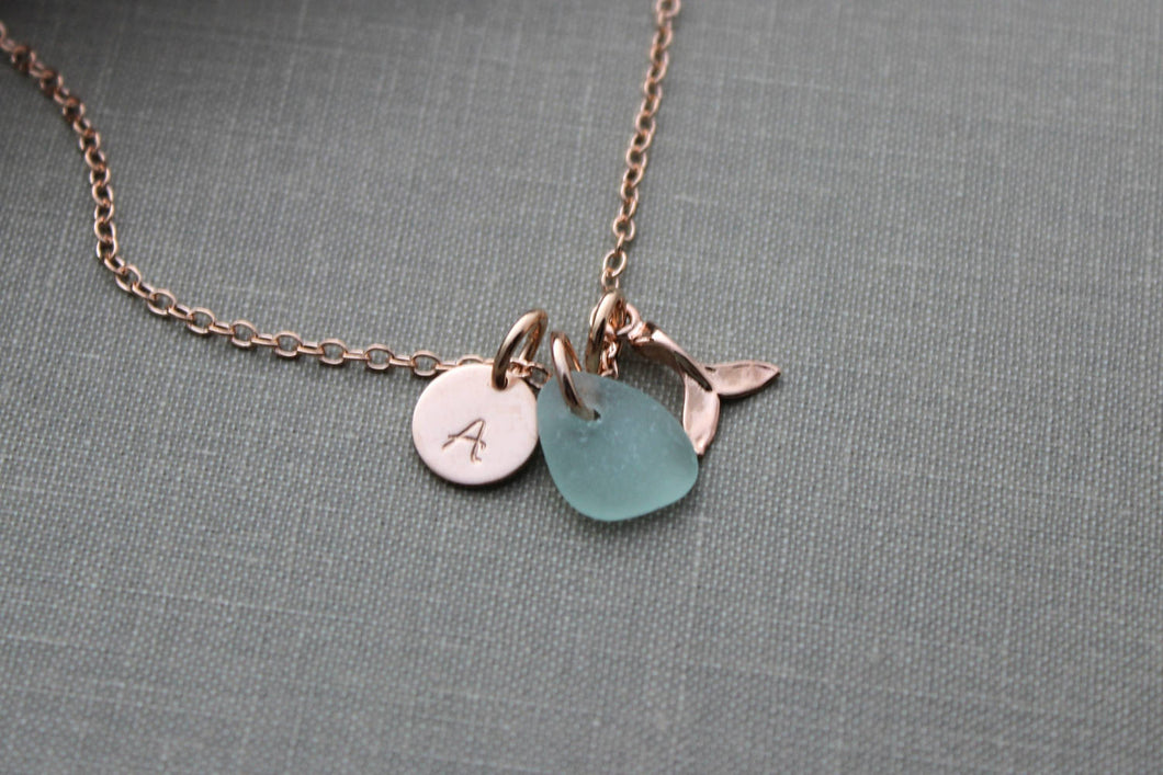 Rose Gold vermeil whale tail necklace - Genuine Sea Glass and Initial Charm necklace - Wedding Bridesmaid Gift, Personalize Pink Gold Filled