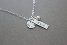 Load image into Gallery viewer, Name birthdate Necklace - Sterling silver disc circle &amp; bar white pearl, hand stamped children&#39;s name necklace Christmas Gift for new mom
