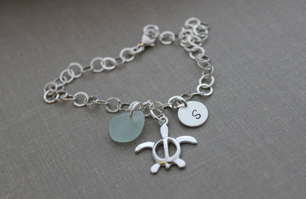 Sterling Silver honu turtle and Genuine Sea Glass Charm Bracelet Personalized with Hand Stamped Initial Charm - Large Link Sterling Chain