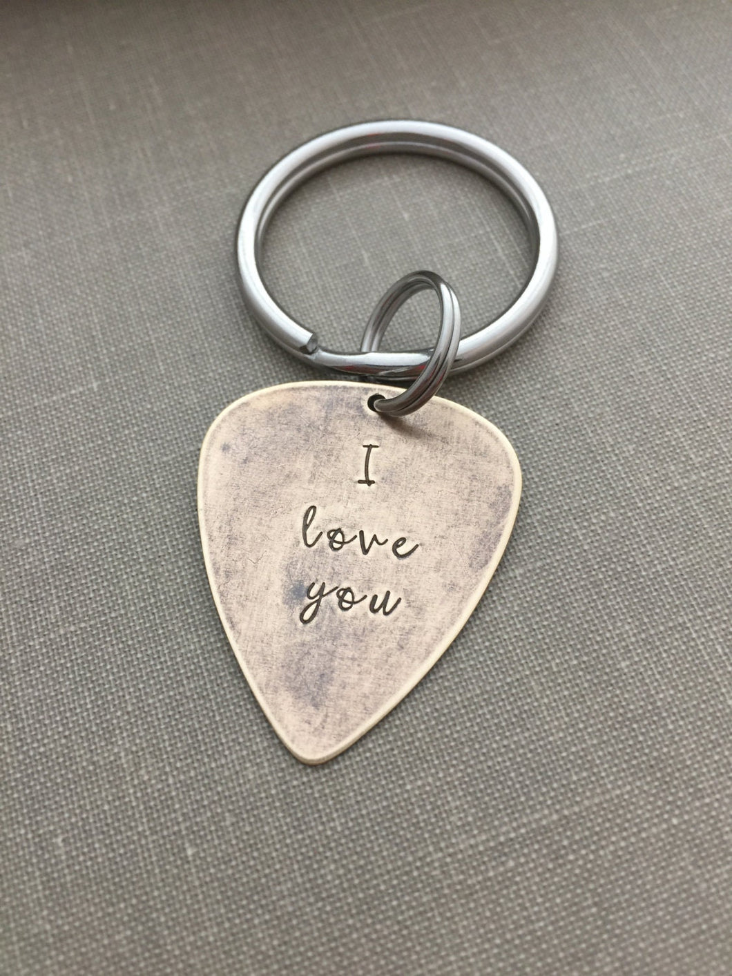 I love you - guitar pick keychain - rustic brass key chain  - gift for musician - music lover - optional customize with date or initials