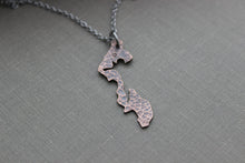 Load image into Gallery viewer, Whidbey Island Outline Necklace -  Washington State Rustic Copper with stainless steel chain - Heart design over your city / location
