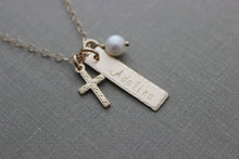Load image into Gallery viewer, 14k gold filled Cross necklace - skinny bar name Charm - Name &amp; White Freshwater Pearl - Hand Stamped - Confirmation Communion gift - Custom

