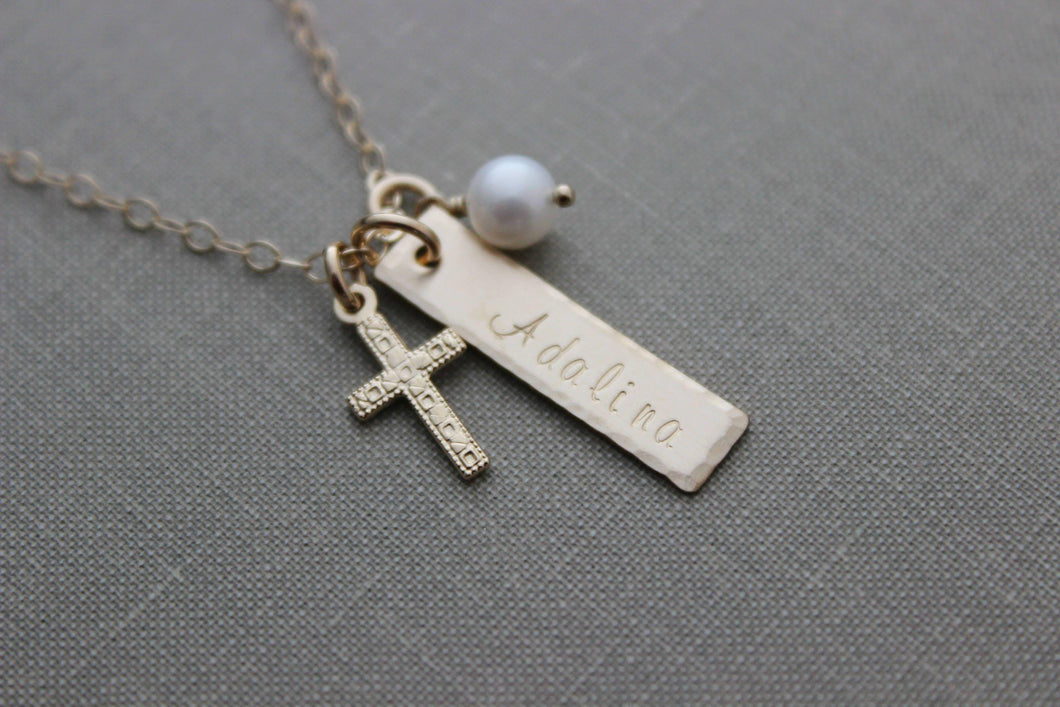 14k gold filled Cross necklace - skinny bar name Charm - Name & White Freshwater Pearl - Hand Stamped - Confirmation Communion gift - Custom
