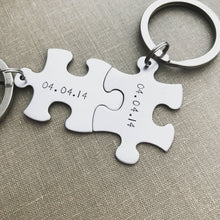 Load image into Gallery viewer, Interlocking Puzzle keychain set - Set of 2 - Stainless steel - hand stamped personalized with Date or name - Couples Set - gift for him
