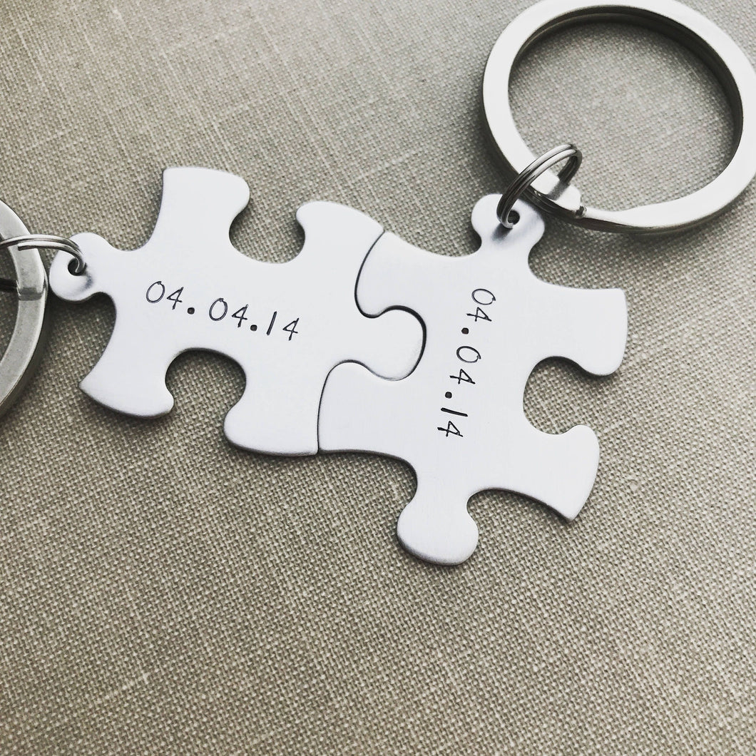 Interlocking Puzzle keychain set - Set of 2 - Stainless steel - hand stamped personalized with Date or name - Couples Set - gift for him
