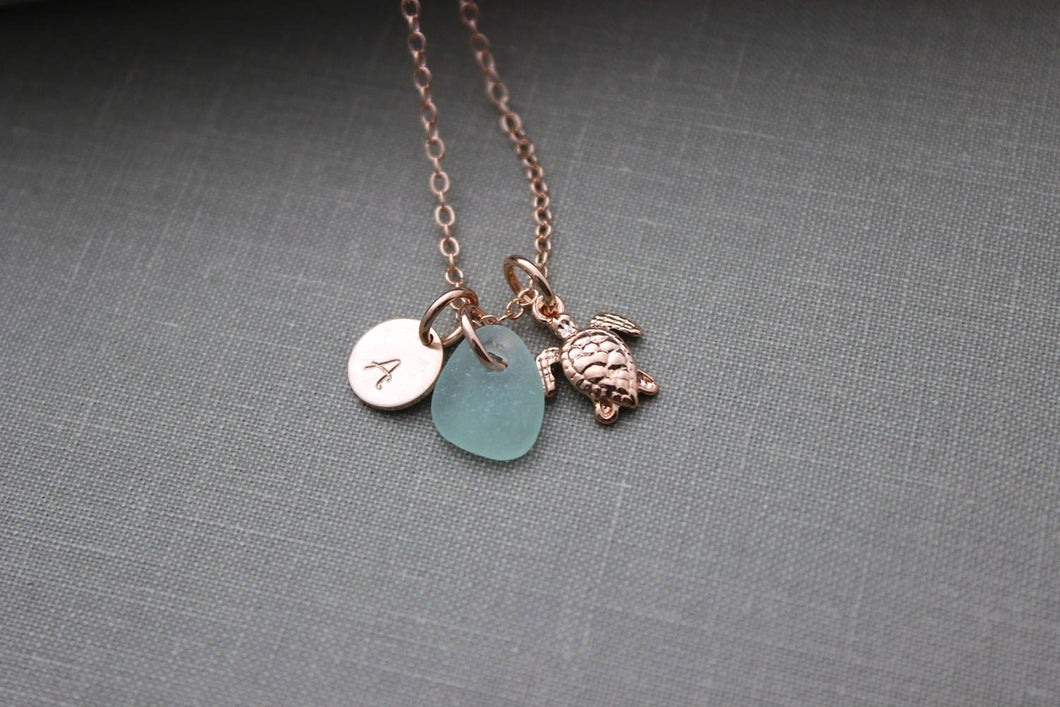 Rose Gold vermeil sea turtle necklace - Genuine Sea Glass and Initial Charm necklace - Wedding Bridesmaid Gift, Personalize Pink Gold Filled