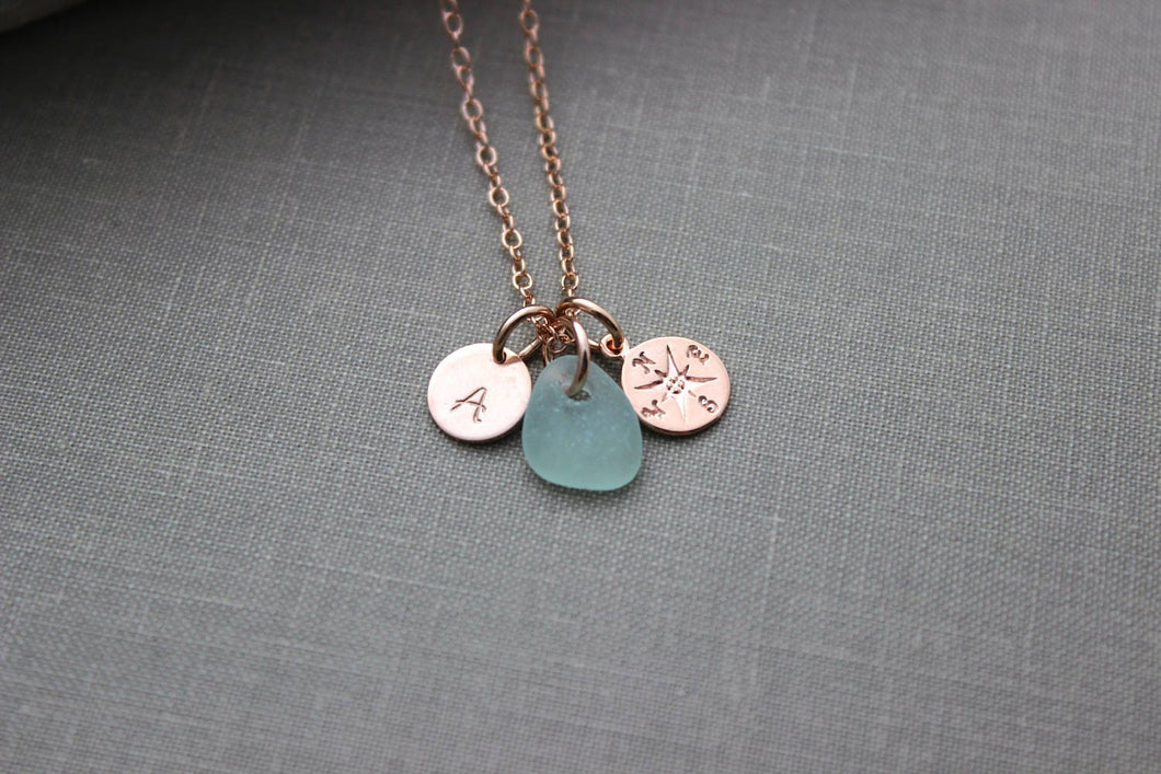 Rose Gold vermeil compass necklace - Genuine Sea Glass and personalized Initial Charm necklace - Gift for her - birthday gift for friend