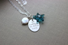 Load image into Gallery viewer, It Matters To This One,  Swarovski Crystal Indicolite Blue Starfish Story Necklace, Hand Stamped Sterling Silver, Coin Pearl, Teacher Gift
