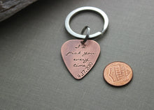 Load image into Gallery viewer, I&#39;d pick you every time - date Rustic Guitar Pick keychain, Hand Stamped Copper Guitar Pick, 18g, Gift for Boyfriend, Husband, groom
