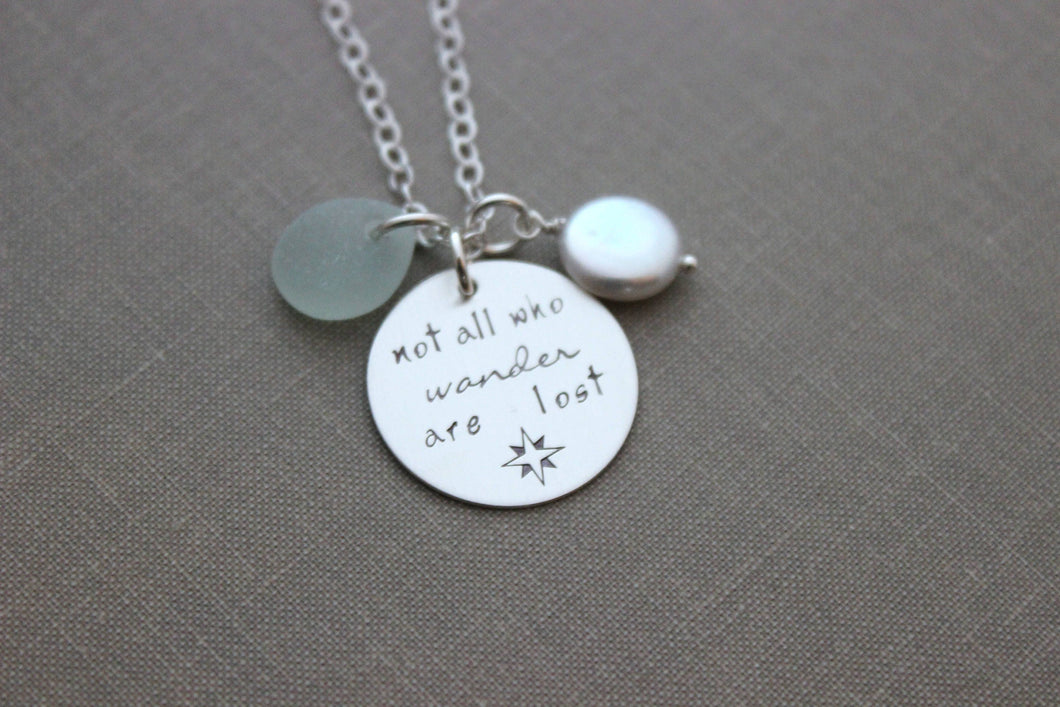 not all who wander are lost, sterling silver necklace with genuine sea glass and freshwater coin pearl, hand stamped compass design