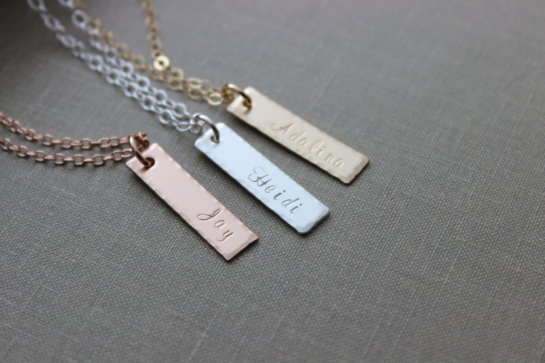 Personalized name Necklace - 14k rose gold filled, 925 sterling silver or 14k yellow gold fill necklace - vertical skinny bar necklace