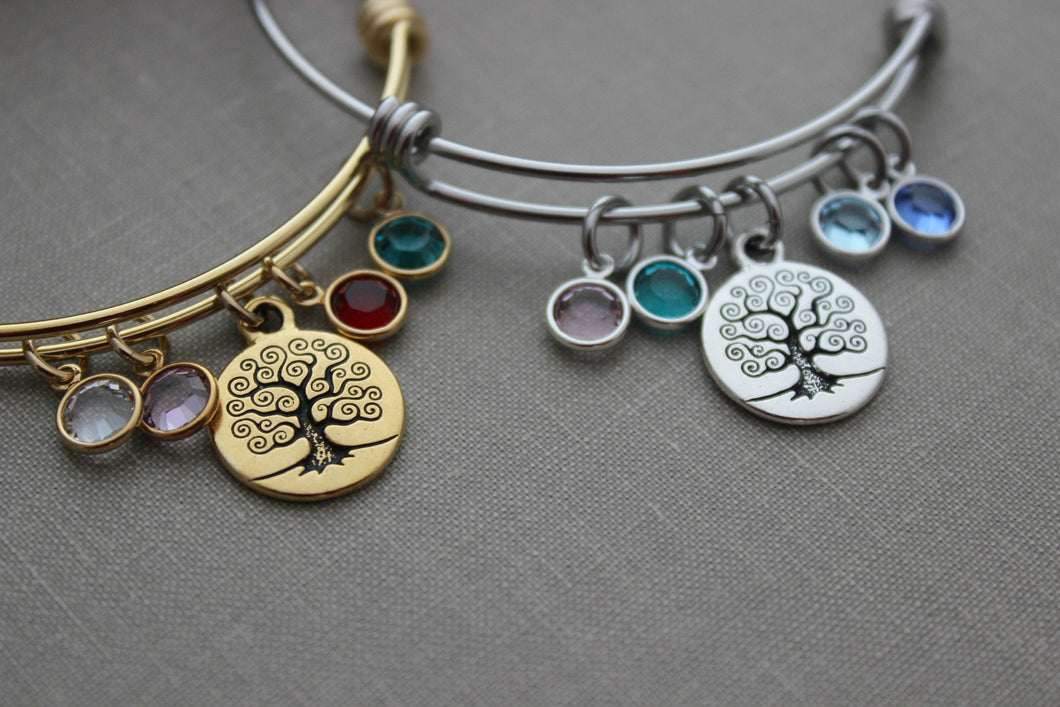 Gold or silver stainless steel Family Tree bracelet -Grandma Jewelry -adjustable wire bangle bracelet with Tree of life charming birthstones