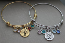 Load image into Gallery viewer, Gold or silver stainless steel Family Tree bracelet -Grandma Jewelry -adjustable wire bangle bracelet with Tree of life charming birthstones

