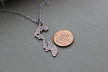 Load image into Gallery viewer, Whidbey Island Outline Necklace -  Washington State Rustic Copper with stainless steel chain - Heart design over your city / location
