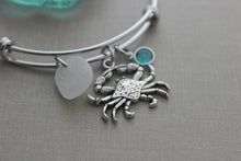 Load image into Gallery viewer, Crab bracelet, stainless steel adjustable bangle , pewter crab charm, genuine sea glass and Swarovski crystal birthstone, crustacean
