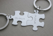 Load image into Gallery viewer, Interlocking Puzzle keychain set - Set of 2 - Stainless steel - hand stamped personalized with Date or name - Couples Set - gift for him
