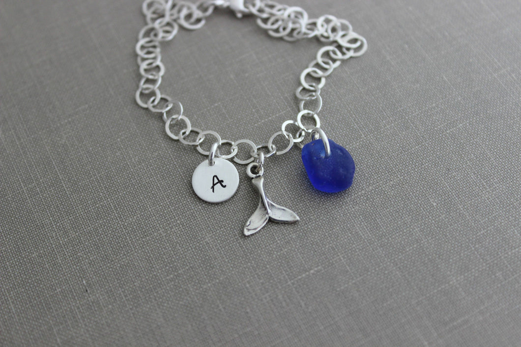 Sterling Silver Mermaid  tail & genuine Sea Glass Charm Bracelet Personalized, Hand Stamped Initial Charm, Large Link Sterling Chain, whale