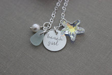 Load image into Gallery viewer, Beach Girl Sterling Silver Necklace, Swarovski Crystal Starfish, Genuine Sea Glass choice of color, Hand Stamped, White Swarovski Pearl
