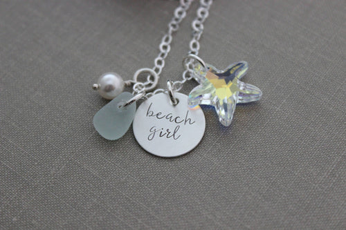 Beach Girl Sterling Silver Necklace, Swarovski Crystal Starfish, Genuine Sea Glass choice of color, Hand Stamped, White Swarovski Pearl