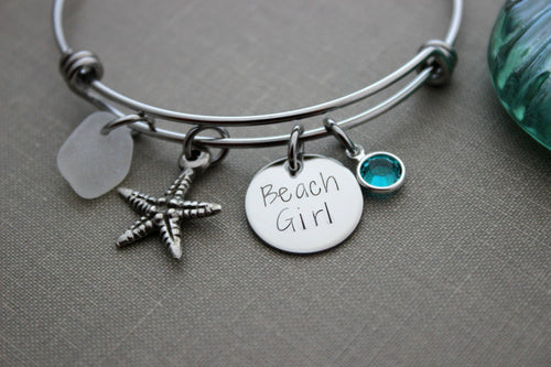 beach girl, stainless steel adjustable bangle bracelet , pewter starfish charm, genuine sea glass, Swarovski crystal birthstone Gift for her