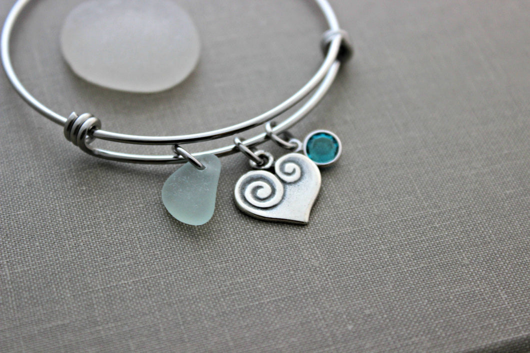 Silver pewter heart and genuine sea glass stainless steel adjustable beach bangle bracelet, Swarovski crystal birthstone, gift for friend