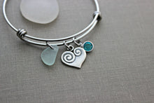 Load image into Gallery viewer, Silver pewter heart and genuine sea glass stainless steel adjustable beach bangle bracelet, Swarovski crystal birthstone, gift for friend
