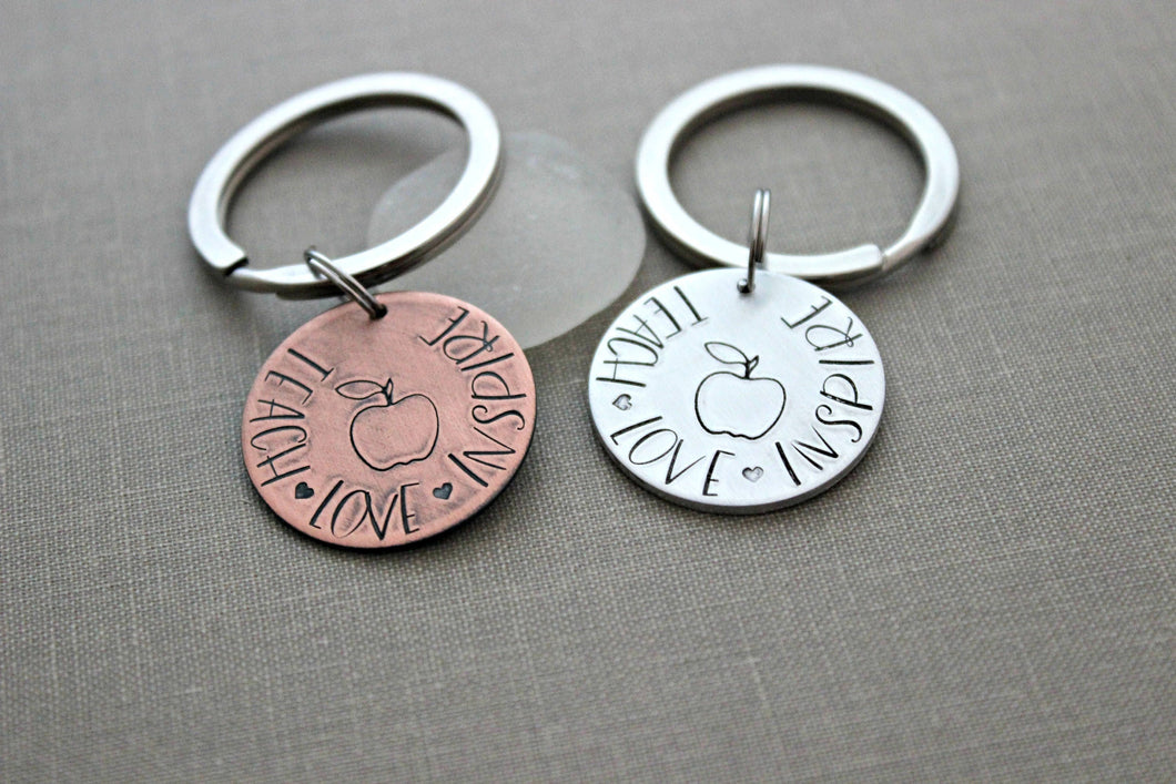 Teacher keychain - Gift for Teacher - Teach Love Inspire - Choice of color, copper or silver aluminum - End of year gift - hand stamped