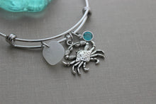 Load image into Gallery viewer, Crab bracelet, stainless steel adjustable bangle , pewter crab charm, genuine sea glass and Swarovski crystal birthstone, crustacean

