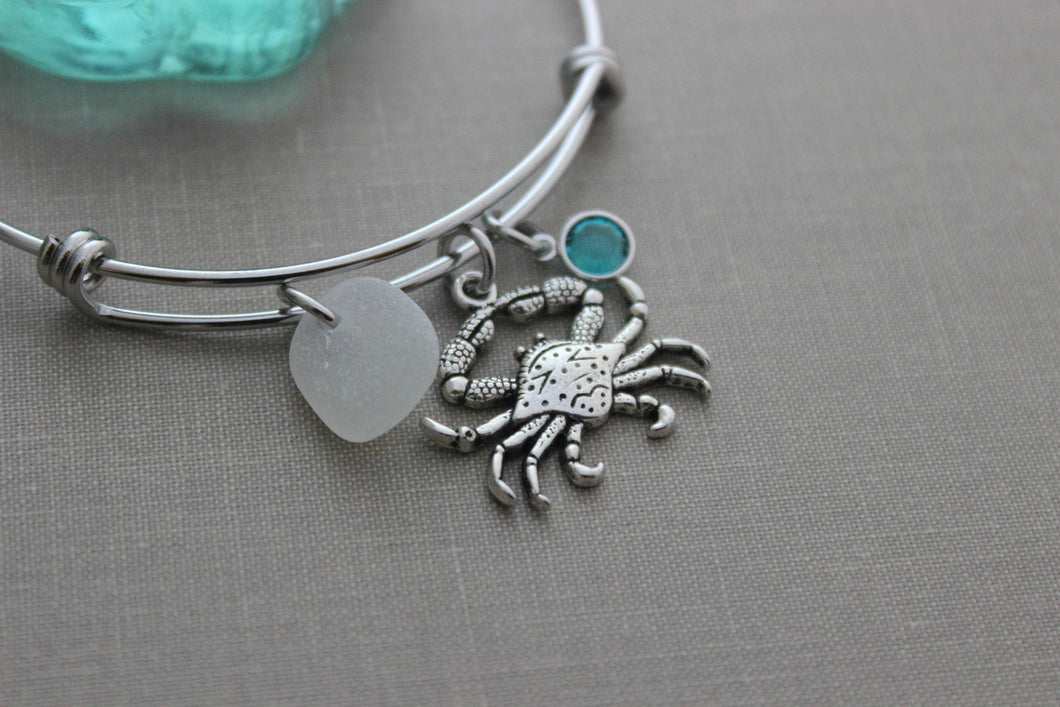 Crab bracelet, stainless steel adjustable bangle , pewter crab charm, genuine sea glass and Swarovski crystal birthstone, crustacean