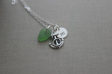 Load image into Gallery viewer, Sterling Silver anchor with rope charm necklace with genuine Seafoam Seaglass and mini  Initial Charm, Personalized beach jewelry Custom
