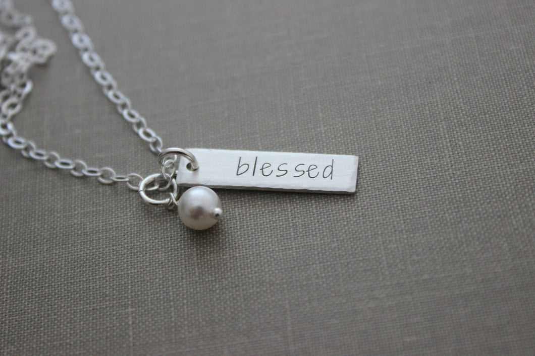 blessed Sterling Silver rectangle Bar Necklace with Swarovski Crystal white pearl, Personalized Nameplate, minimalist inspirational