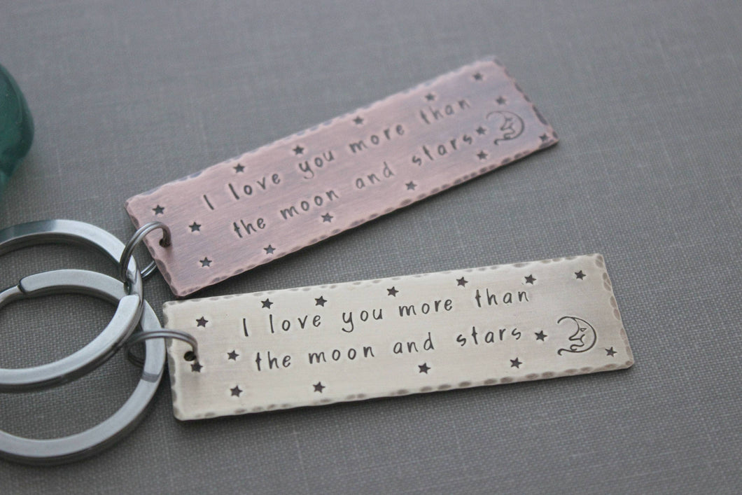 I love you more than the moon and stars Hand Stamped Keychain, Christmas Gift Idea,  Antiqued rustic style, Bronze gold tone celestial