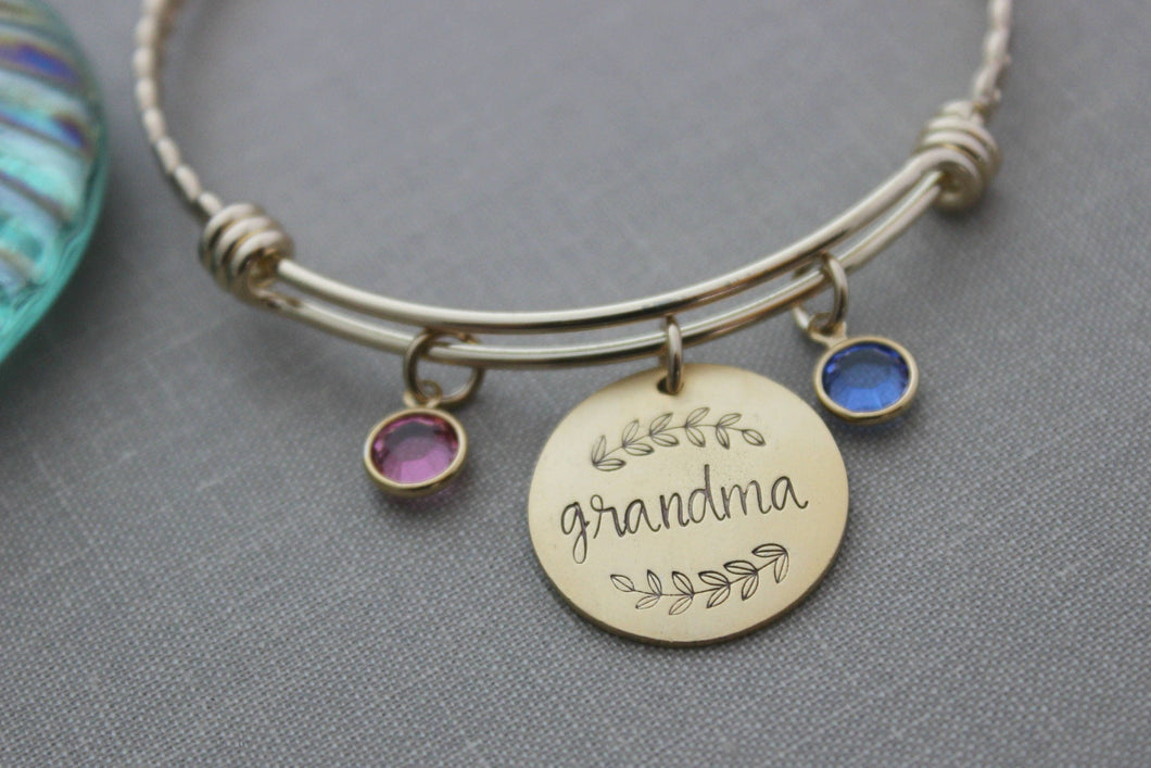 Grandma silver or Gold plated stainless steel twisted braid bracelet, Hand stamped Name disc Swarovski crystal birthstones Christmas Gift