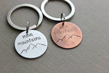 Load image into Gallery viewer, mountain range keychain - move mountains - Choice of color, copper or silver aluminum - Motivational key chain - hand stamped
