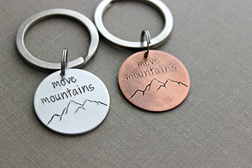 mountain range keychain - move mountains - Choice of color, copper or silver aluminum - Motivational key chain - hand stamped