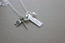 Load image into Gallery viewer, dragonfly necklace - Sterling Silver or gold fill rectangle Bar Breathe  - Swarovski Crystal white pearl, Hand stamped - Motivational quote

