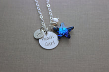 Load image into Gallery viewer, Bermuda Blue Swarovski Crystal Starfish Beach Girl Necklace, Hand Stamped Sterling Silver, Personalized Initial disc, Swarovski Pearl Cobalt
