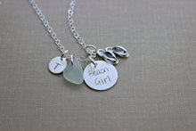 Load image into Gallery viewer, Beach Girl Necklace, Sterling Silver Stamped Disc, Flip Flop Charm, Sea Glass and Personalized mini Initial, Beach Jewelry, sandals flipflop
