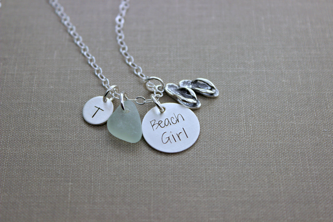 Beach Girl Necklace, Sterling Silver Stamped Disc, Flip Flop Charm, Sea Glass and Personalized mini Initial, Beach Jewelry, sandals flipflop
