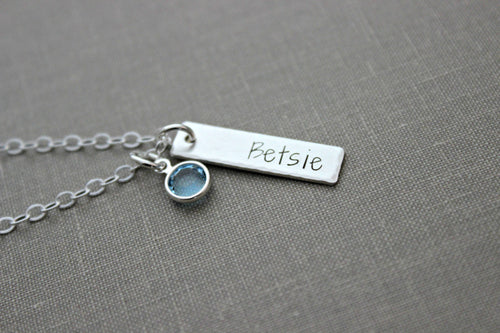 Sterling Silver Name Bar Necklace with Swarovski crystal birthstone, Rectangle Charm,  Personalized, Nameplate, Hand Stamped, Mommy Jewelry