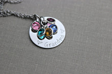 Load image into Gallery viewer, Personalized Grandma necklace, silver tone stainless steel, granny, nana, mom necklace with Swarovski crystal birthstones custom any name
