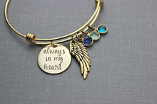 Load image into Gallery viewer, always in my heart - gold  or silver stainless steel adjustable bangle - angel wing charm - Personalized Swarovski crystal birthstones
