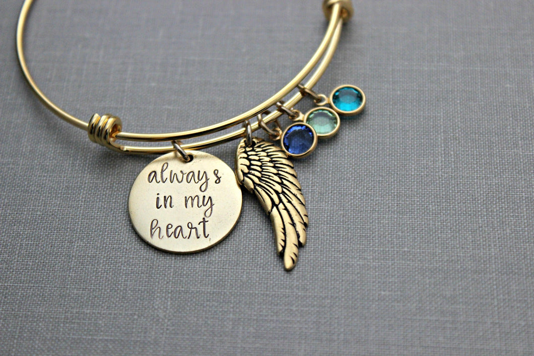 always in my heart - gold  or silver stainless steel adjustable bangle - angel wing charm - Personalized Swarovski crystal birthstones