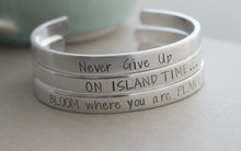 Load image into Gallery viewer, Customized silver aluminum cuff bracelet, Choice of quote or custom saying, slim stacking bracelet, Hand Stamped, Personalized jewelry
