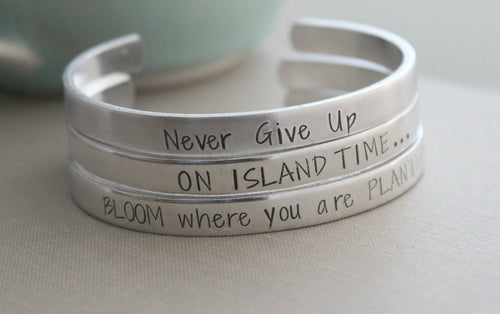 Customized silver aluminum cuff bracelet, Choice of quote or custom saying, slim stacking bracelet, Hand Stamped, Personalized jewelry