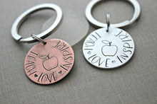 Load image into Gallery viewer, Teacher keychain - Gift for Teacher - Teach Love Inspire - Choice of color, copper or silver aluminum - End of year gift - hand stamped
