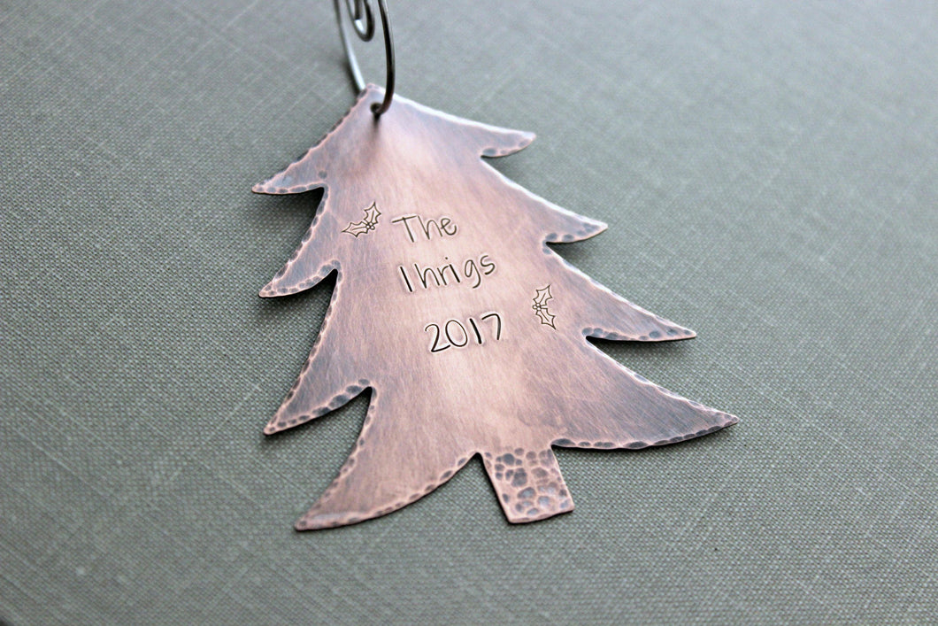 Rustic Copper Christmas Tree Ornament - Personalized with Family name and Year - Holly design - Custom Made to order - Gift idea new couple